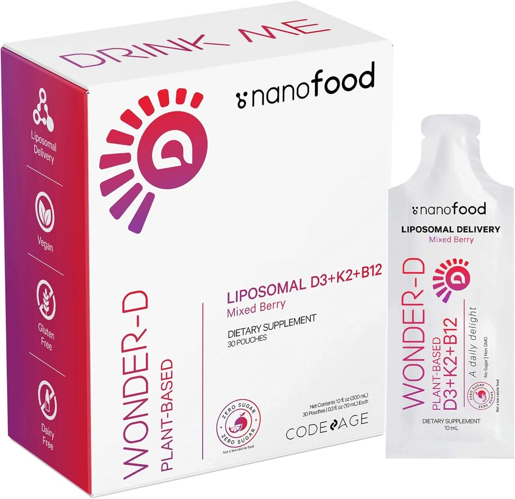 Codeage Liposomal Vitamin D3 Flüssige Ergänzungstasche, Wunder-D Cholecalciferol Vegan Liquid Multivitamin, Pflanzenbasierte Vitamine K2 B12, Nicht-GMO Phospholipide, Vitamin E, Berry Flavor - 30 Pouches