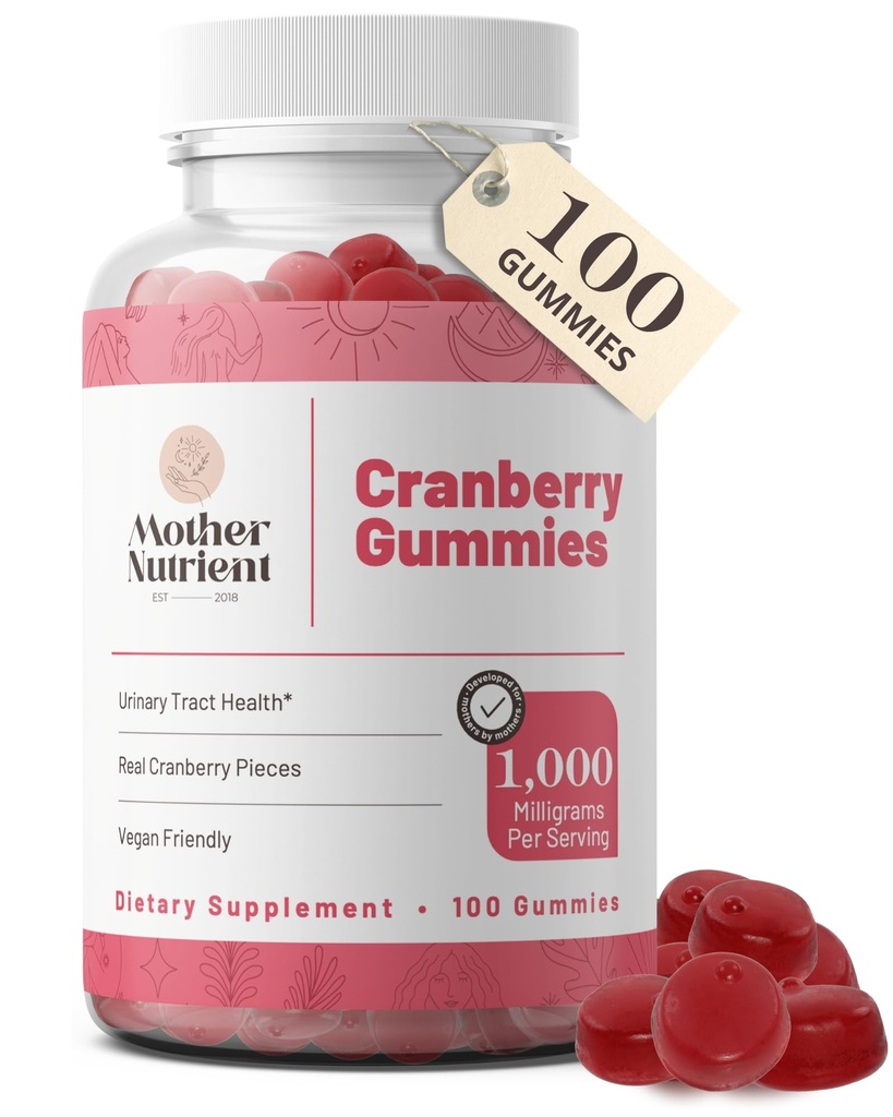 Supplément de gommies de canneberges nourrissantes pour les femmes et les enfants- Santé urinaire- Moins de tart et 90% Moins sucré, sans gluten, non-OGM, végétalien - Extrait de canneberge pure 1000mg - 100 Compte.