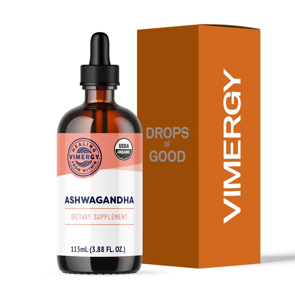 Vimergy USDA Organic Ashwagandha Liquid Extract, 57 Portionen – Stress Supplement Drops – Adaptogen - Unterstützt kognitive Funktion – Schlafunterstützung – Alkoholfrei, Non-GMO, Vegan & Paleo Friendly (115 ml)