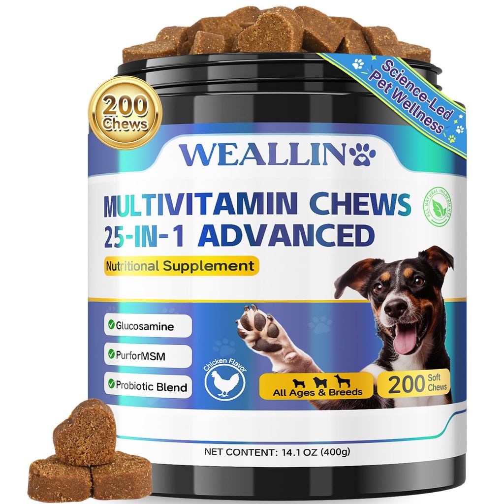 Hunde-Vitamine - 25-in-1 Hunde-Vitamine und Ergänzungen Multivitamin mit Glucosamin Probiotics Omega-3 Welpen Multivitamin Chewable für Mantel, Herz, HIPS & Gelenke, Verdauung & Immunsystem 200pcs