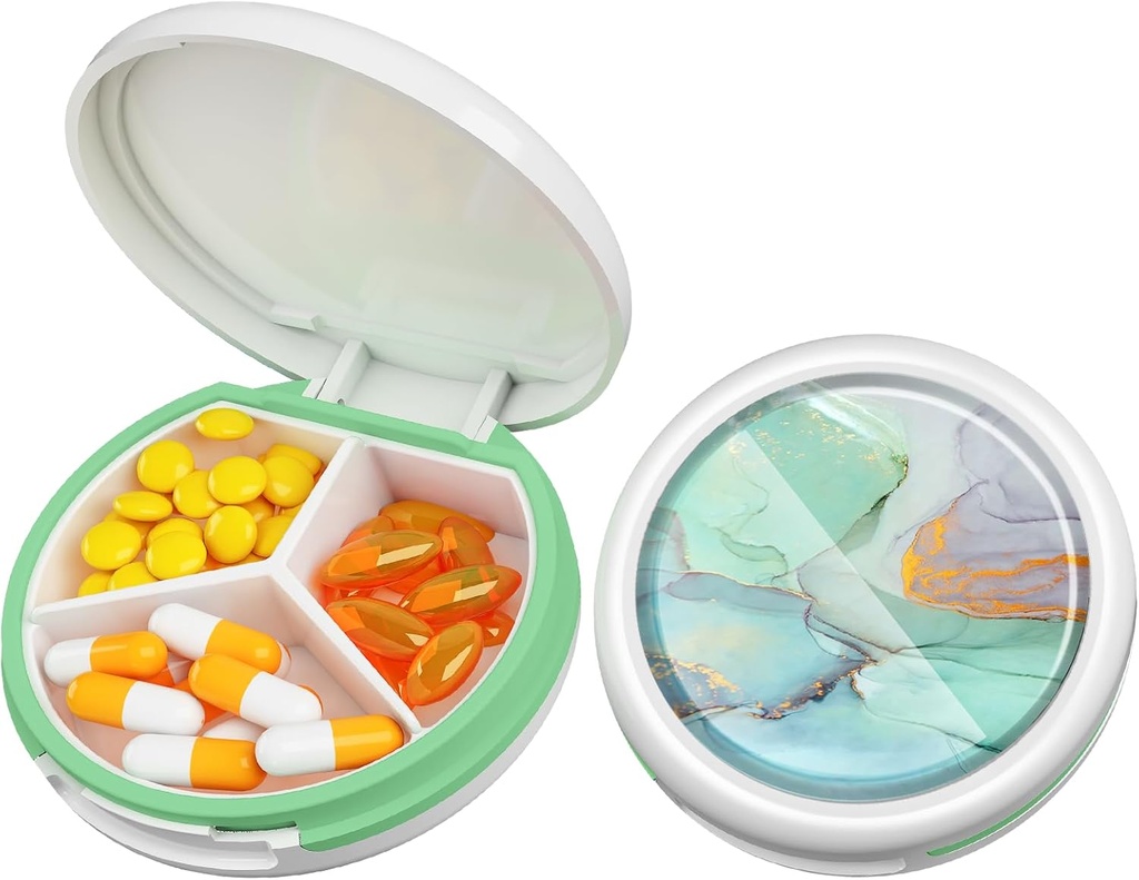 Serfeymi Small Pill Box - 3 Komponenten Tragbare Pille Box für Geldbörse Tasche, Compact Mini Travel Pill Case - Geeignet für Medizin, Vitamin, Fish Oil, Supplements - Weiß( Marmor)