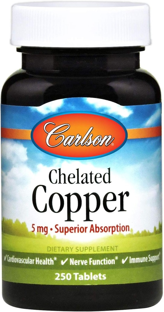Carlson - Chelat Kupfer, 5 mg, Überlegene Absorption, Zirkulation Gesundheit, Nervenfunktion und Immununterstützung, 250 Tabletten