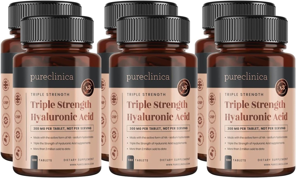 pureclinica Hyaluronsäure 300mg x 1080 Tabletten (6 Flaschen von 180 Tabletten - 3 Jahre Versorgung). Triple Strength Hyaluronsäure. 300% Stärker als jedes andere HLA Tablet
