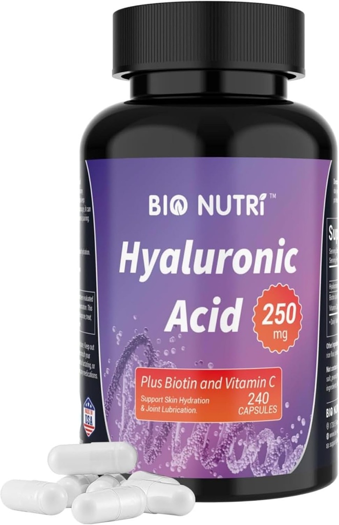 BIO NUTRI Hyaluronsäure ergänzt 250mg|240 Kapseln, mit Biotin 5000mcg & Vitamin C 25mg - Haut, Haar & Gelenk 3 in1 Unterstützung