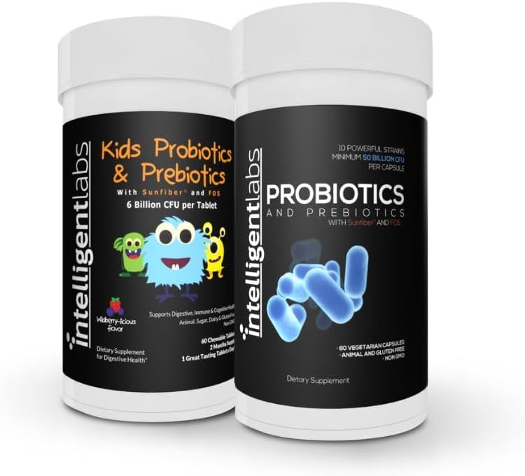 Intelligent Labs 2-in-1 Bundle of Kids Probiotics (6 Billion CFU mit Sunfiber und FOS) + Adult Probiotics (50 Billion CFU, 10 Strains), Keine Kälte erforderlich, 2 Monate Versorgung pro Flasche