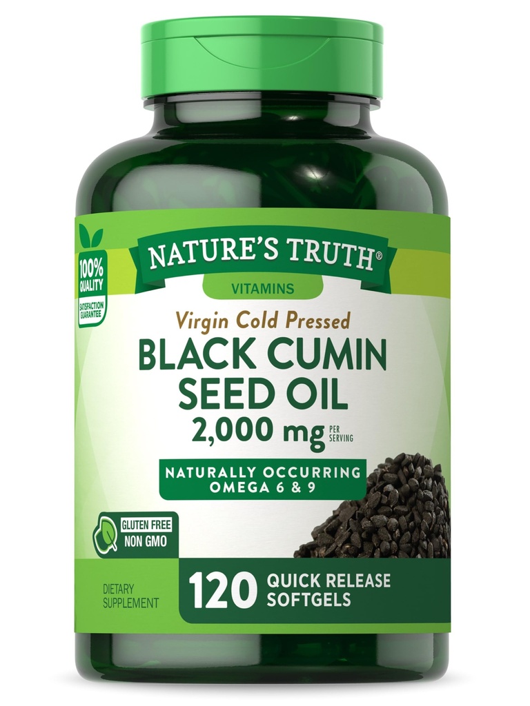 La vérité de la nature Pilules d'huile de graines noires $ 2 000mg $ 120 Softgels $ Virgin Cold Pressed Cumin $ Supplément sans OGM et sans gluten