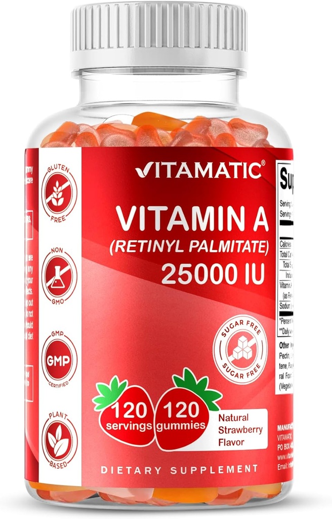 Vitamine sans sucre Vitamine A 25000 UI Gommies ( Palmitate de rétinyle) - Saveur de fraise naturelle - 120 Gommies à base de pectines (3 bouteilles)