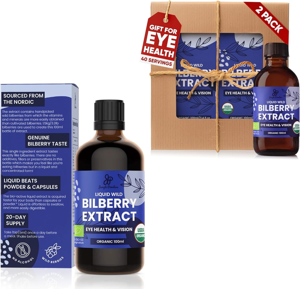 Poudres de jungle Extrait de bilberry sauvage 3x3.4oz Bouteille de Bilberry liquide Anthocyanine Sans alcool Supplément de Bilberry Européen pour Yeux Haute Biodisponibilité Extrait liquide