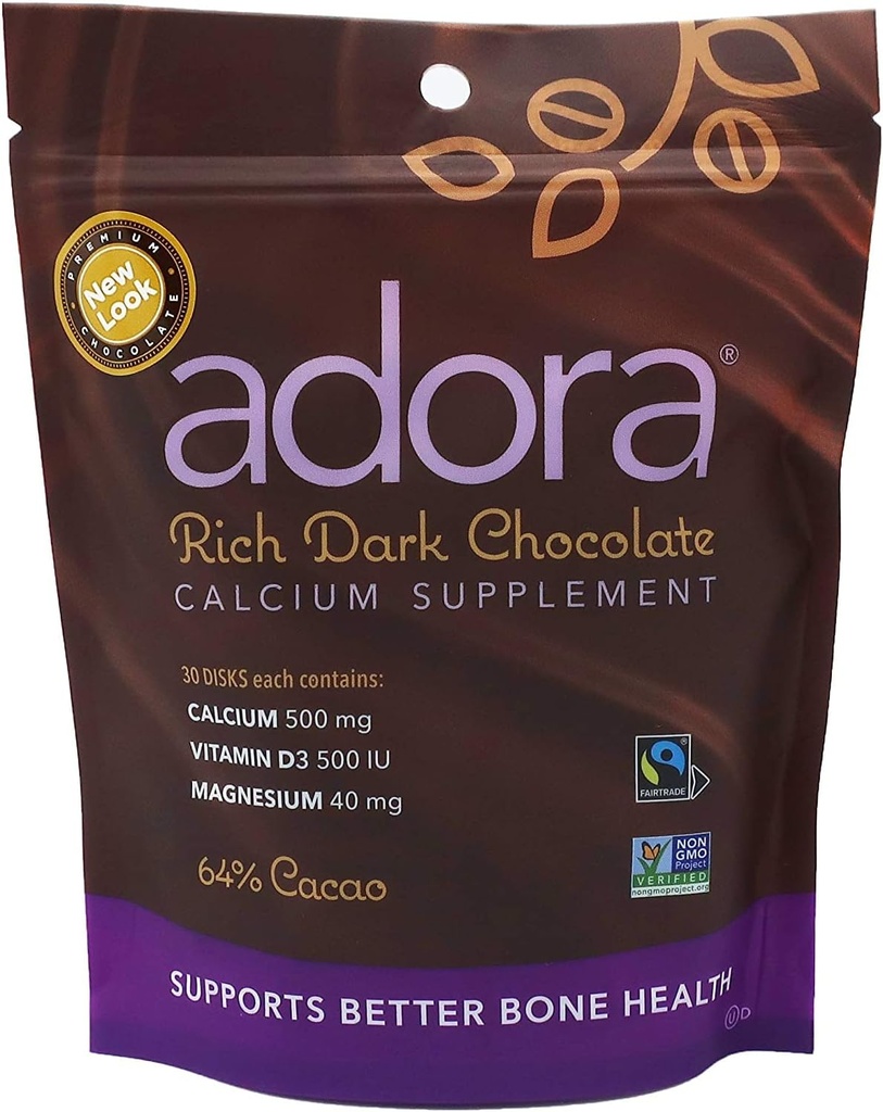 Adora Kalzium-Ergänzung, Fairtrade Dark Chocolate, Packung von 12 - 30 ct
