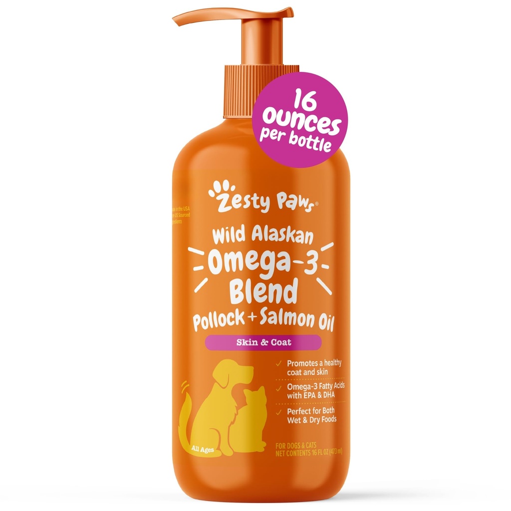 Zesty Paws Wild Alaskan Omega-3 Blend Pollock + Lachsöl für Hunde und Katzen- Haut und Mantel Unterstützung, Omega 3 Ergänzung für Haustiere, 16oz