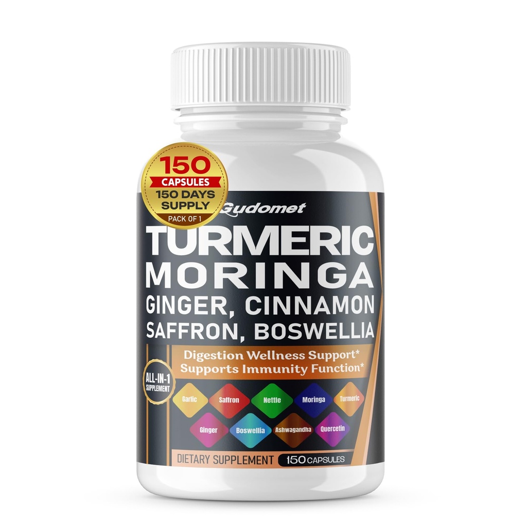 Turmeric Moringa Ginger Boswellia Quercetin Cinnamon Saffron Tart Cherry Odorless Knoblauch Nettle -150 Kapseln- Made in USA