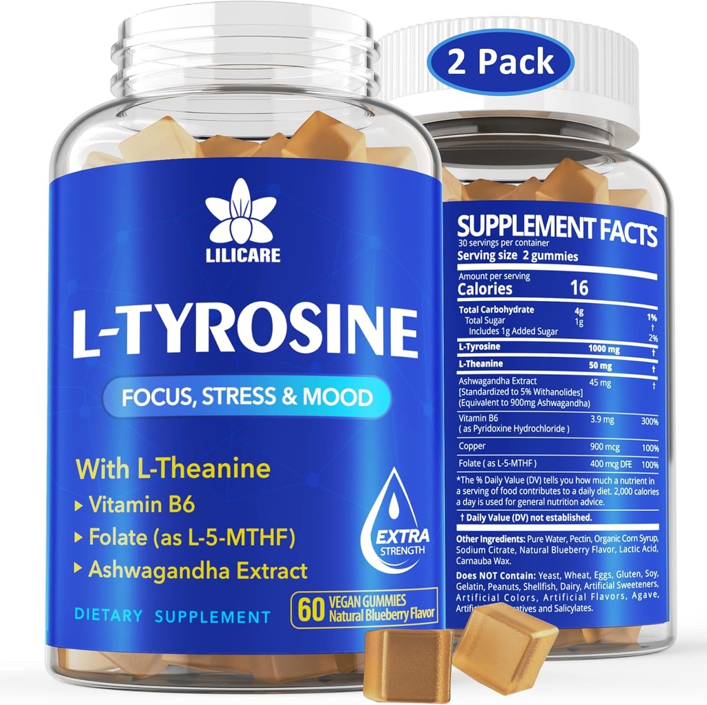 L Tyrosine Gummies 1100mg Mood Support Blend, mit Ashwagandha, L-Theanin, Vitamin B Complex B6, Folate(Vitamin B9), Fokus & Gedächtnis, Kognition & Gehirn Funktion, Energie Boost,Stress Support, 2Pc/120ct