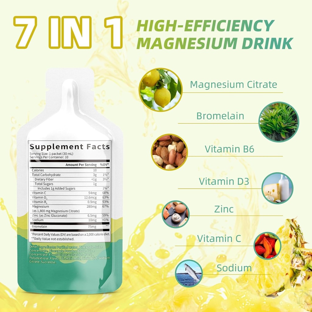 Magnesium Citrat Liquid Supplement(10 Fl Oz),Magnesium Complex Drink/Oral Lösung mit VitaminB, Zink, Natrium und Bromelain für Schlaf,Muskel,Herz,Gut Support(Pineapple)