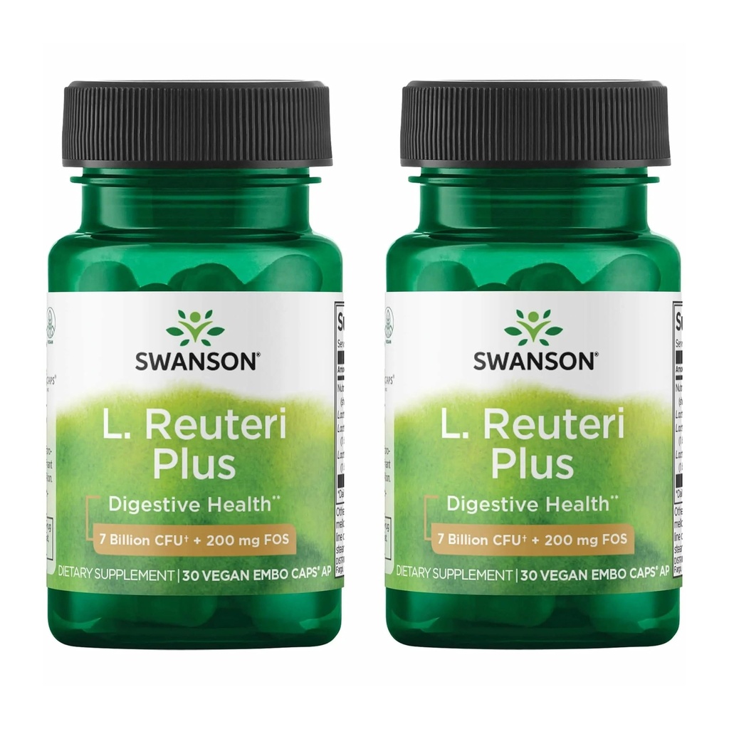 Swanson L. Reuteri Probiotic Plus w/L. Rhamnosus L. Acidophilus & FOS Prebiotic Digestive Support - Promotes Gut Health w/ 7 Billion CFU pro Kapsel - (30 Veggie Capsules) (2 Pack)