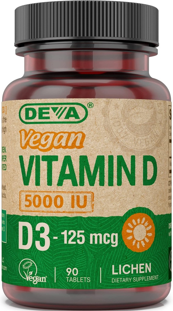 DEVA Vitamine D3 5000 UI, Supplément Sunshine, 125 mcg de Végétalien D3, bouteille de 90-Count