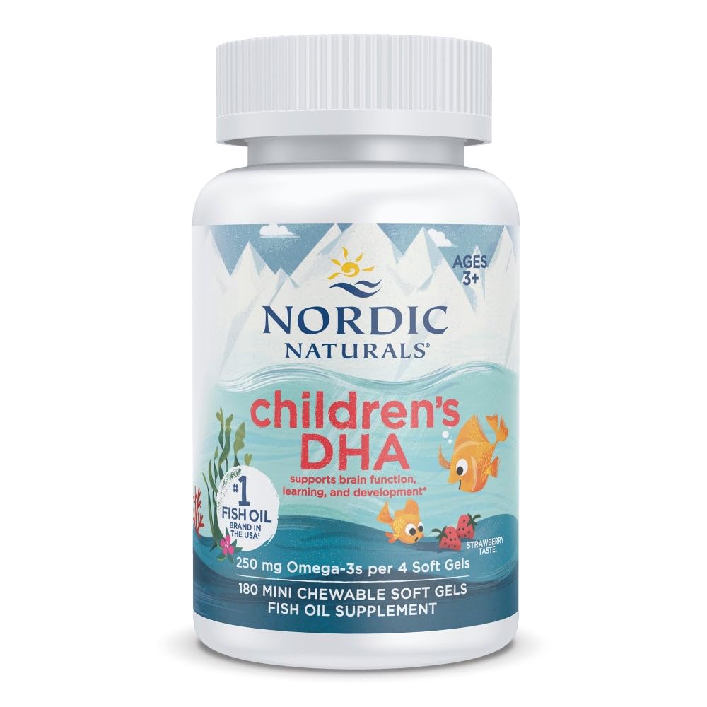 Nordic Naturals Kinder DHA, Erdbeere - 180 Mini Chewable Soft Gels für Kinder - 250 mg Omega-3 mit EPA & DHA - Brain Development & Function - Non-GMO - 45 Servietten