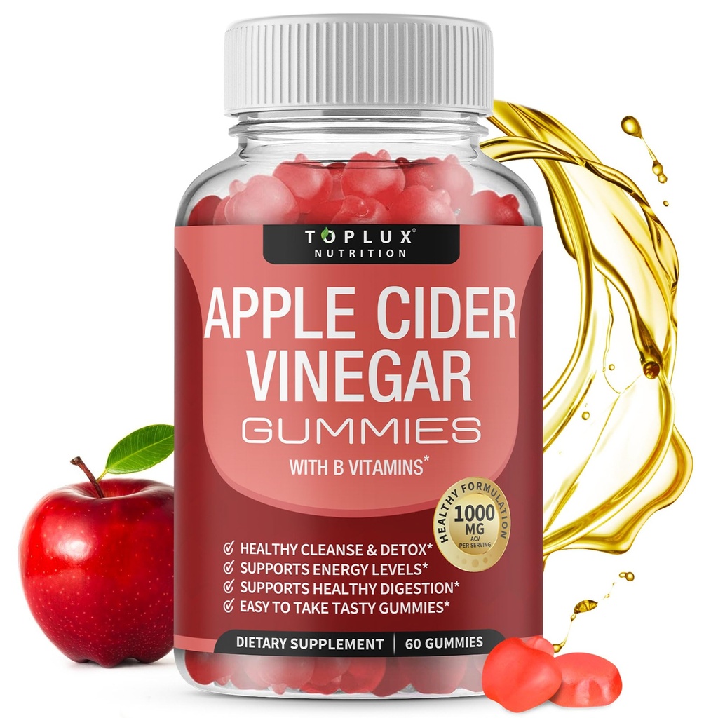 Toplux Apple Cider Essiggummis - 1000mg ACV mit B12, Beet Root, Granatapfel für Immunsystem, Detox & Cleanse, Gummy Alternative zu Apple Cider Essig Kapseln, für Herren Frauen, 60 Gummies
