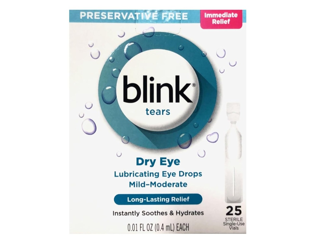 BLINK Tears Eye Drops für trockene Augen, Konservierungsfreie schmierende Augentropfen, Sterile Single Use Vials, Sanfte Augenpflege für Mild bis Moderate Dry Eye Symptom Relief, 25 Count, 0,01 fl oz Vials