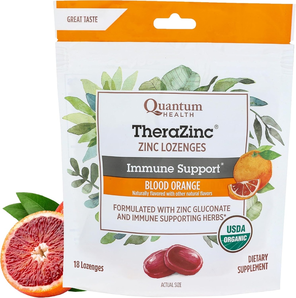 Quantum Health TheraZinc Organic Zinc Lozenges Echinacea & Honey Immmune Support pour Adultes et Enfants 12+ Naturellement aromatisé sang Orange soulagement rapide sans arrière-goût - 18 comte
