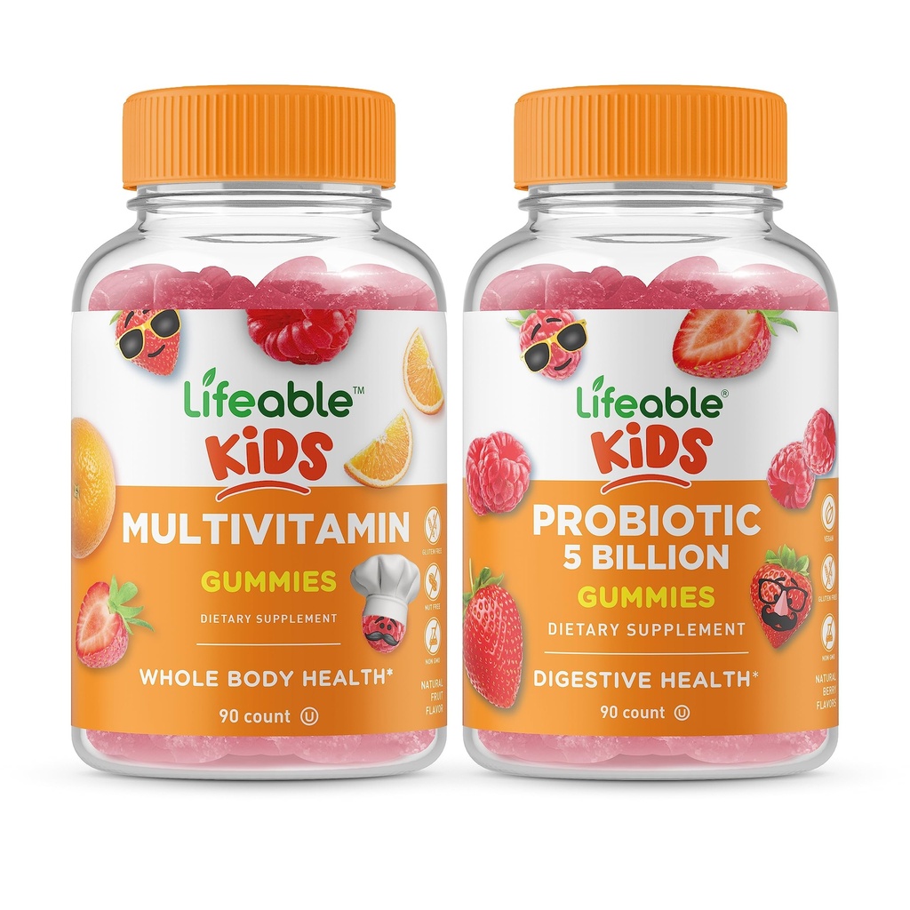 Lifeable Multivitamin Kids + Probiotics 5 Billion Kids, Gummis Bundle - Große Verkostung, Vitamin-Ergänzung, Glutenfrei, GMO frei, Kaugummi