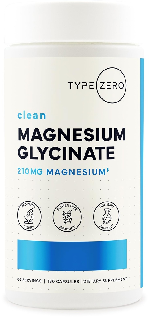 Typ Zero Magnesium Glycinat (210mg | 180 Kapseln) Rein, Nicht-GVO, Glutenfrei, Natürliche hohe Absorption Magnesiumergänzung