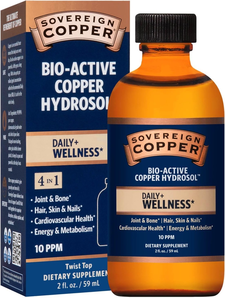 Sovereign Copper Professional 4-in-1 Wellness-Unterstützung, Gelenk & Knochen, Haar, Haut & Nägel, Herz-Kreislauf Gesundheit & Energie, Bio-Active Kupfer-Hydrosol, 30 ppm, Liquid Twist Top, 2 Fl Oz (59 mL)