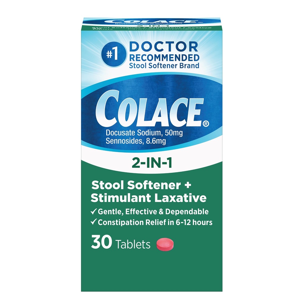 Adoucisseur de tabouret 2-en-1 et comprimés laxatifs stimulants, soulagement de la constipation douce en 6-12 heures, 30 comtes
