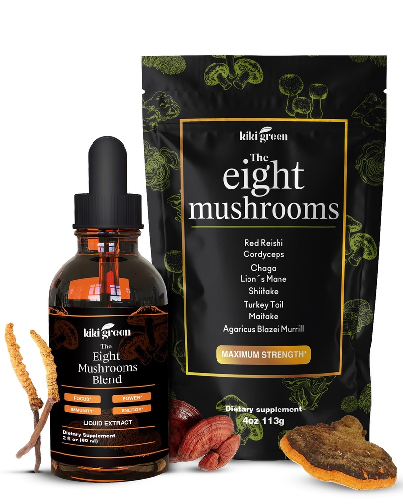 KIKI Green 8 Pilze Pulver & Flüssig-Extrakt Bundle - Pilz-Ergänzungs-Komplex für Fokus & Energie - Lion's Mane, Chaga, Cordyceps, Türkei Tail, Reishi, Shiitake, Maitake - 4 Unzen, 2 F Unzen