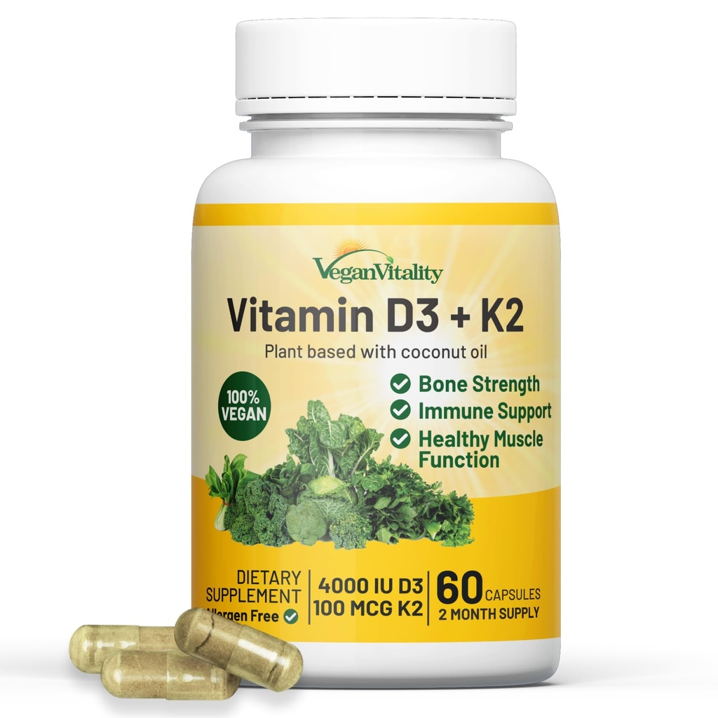 Vegan Vitalität Vitamin D3 K2 4000IU (100mcg) mit Kokosöl, 100% pflanzlichen Vitamin D für Vegan und Vegetarisch - 60 Kapseln