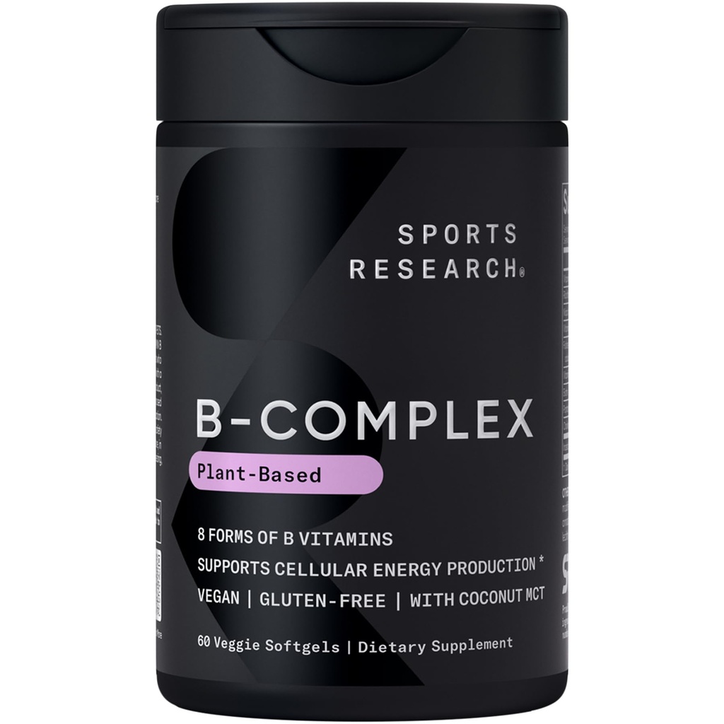 Sports Research® Vitamine B-Complex - Plein spectre de vitamines B avec B12 et folate méthylé - sans gluten · base végétale · non-OGM · formule végane-friendly - 60 softgels veggie