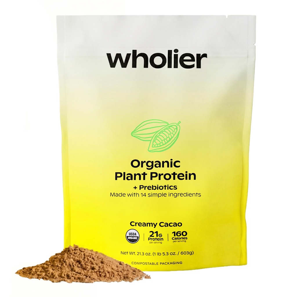 Protéines de plantes biologiques et prébiotiques. Nettoyer la protéine végétalienne. 21g de protéine. 14 Véritables ingrédients végétaux. Fibre prébiotique. Pas d'arômes naturels, de gommes ou de remplissages. Cacao crémeux (1 lb. 4 oz.)