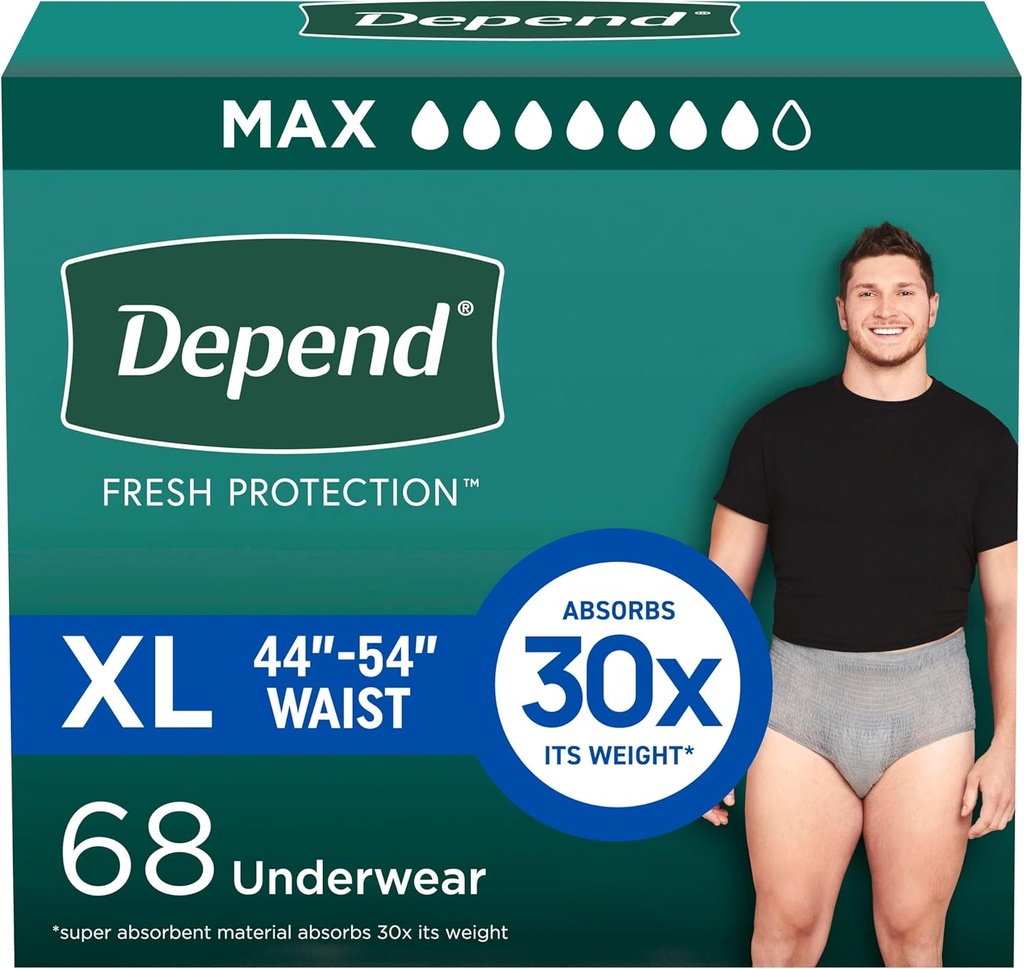 Depend Fresh Protection Adult Diapers, Incontinence Underwear for Men, Disposable, Maximum, Extra-Large, Grey, 68 Count (2 Packs of 34), Packaging May Vary