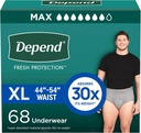 Depend Fresh Protection Adult Diapers, Incontinence Underwear for Men, Disposable, Maximum, Extra-Large, Grey, 68 Count (2 Packs of 34), Packaging May Vary