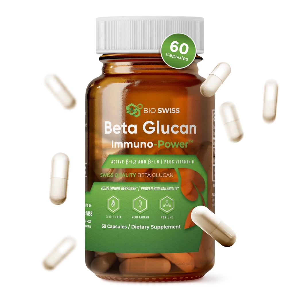 Bio Swiss Beta Glucan Immunität Power - 1,3D-1,6D Glucan mit Vitamin D - Immununterstützungsergänzung für verbesserte Verteidigung und Wellness - Vegan, Glutenfrei (60 Kapseln)