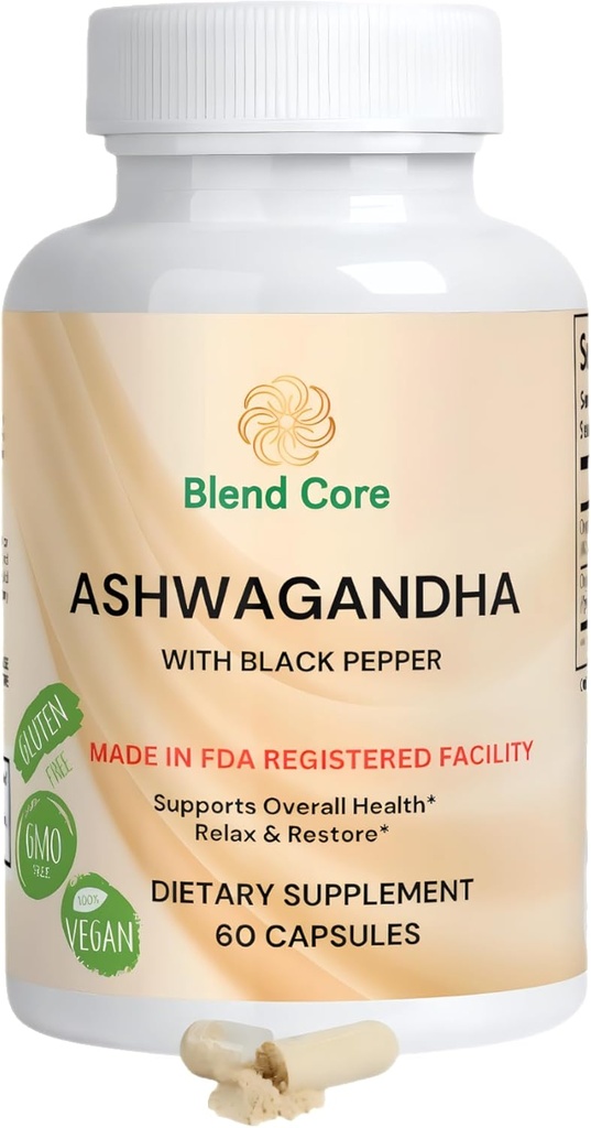 Ashwagandha avec Suppléments Black Pepper Ashwagandha – 60 capsules Count Pure Ashwagandha pour le soutien immunitaire, Energy Boost – Complexe d'Ashwagandha non-OGM
