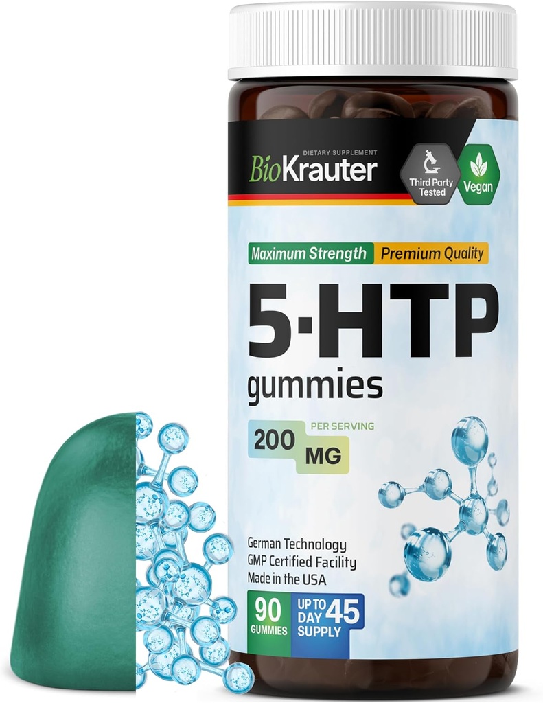 BIO KRAUTER 5 HTP Zusatzgummis - 200 mg Stärke - 90 Vegan Chews - Relaxation Support 5HTP Plus L Tryptophan Supplement - Pectin basierte Formel
