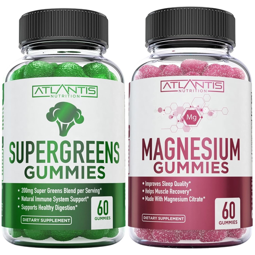 Supergreen & Magnesium Gummies - Magnesium Helps Muscles Recover, Delicious Supergreens with Spinach, Broccoli, Beetroot, Green Tea, & Acai for Immunity Support- 60 Gummies