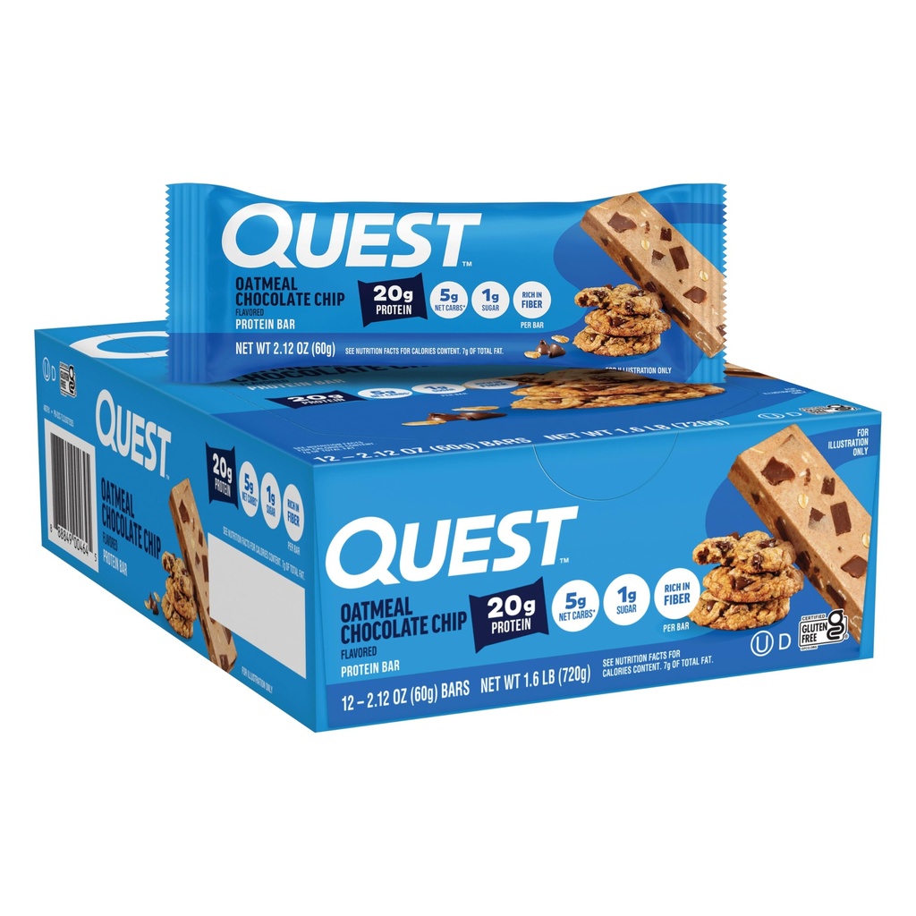 Quest Nutrition Barres protéinées de croustilles de chocolat d'avoine, 20g de protéines, 1g de sucre, 5g de glucides nets, sans gluten, ami des céto, 12 Compte