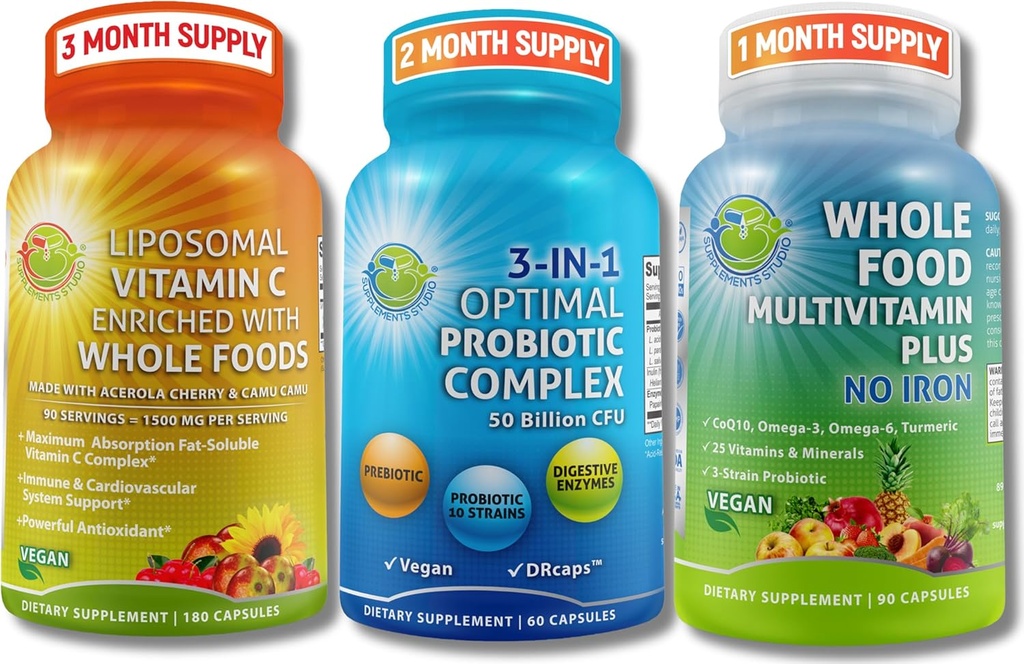 Gut Gesundheit, Immunität, Energie & Nährstoff-Unterstützung – 3-in-1 Probiotisch mit Verdauungsenzymen + Liposomas Vitamin C 1500mg + Ganzes Lebensmittel Multivitamin ohne Eisen – Vegan, Non-GMO, Clean Wellness Support
