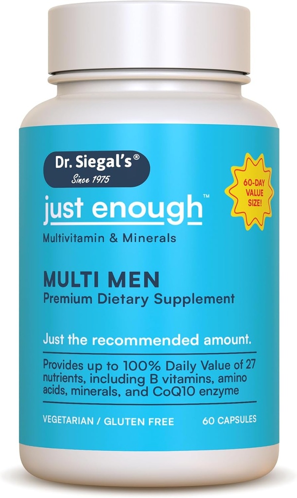 Dr. Siegal's Just Enough Multivitamins für Herren - 60 Kapseln - 60 Servieren Vegetarische Multivitamin für Herren Kapseln - Men's Daily Multivitamin - Mens Multivitamins & Multi Minerals Supplement