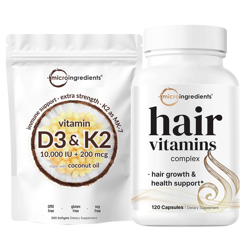 Micro Ingrédients Vitamine D3 10 000iu + K2 200mcg Huile de noix de coco Softgels & Vitamines capillaires Capsules complexes Bundle 2 Pack
