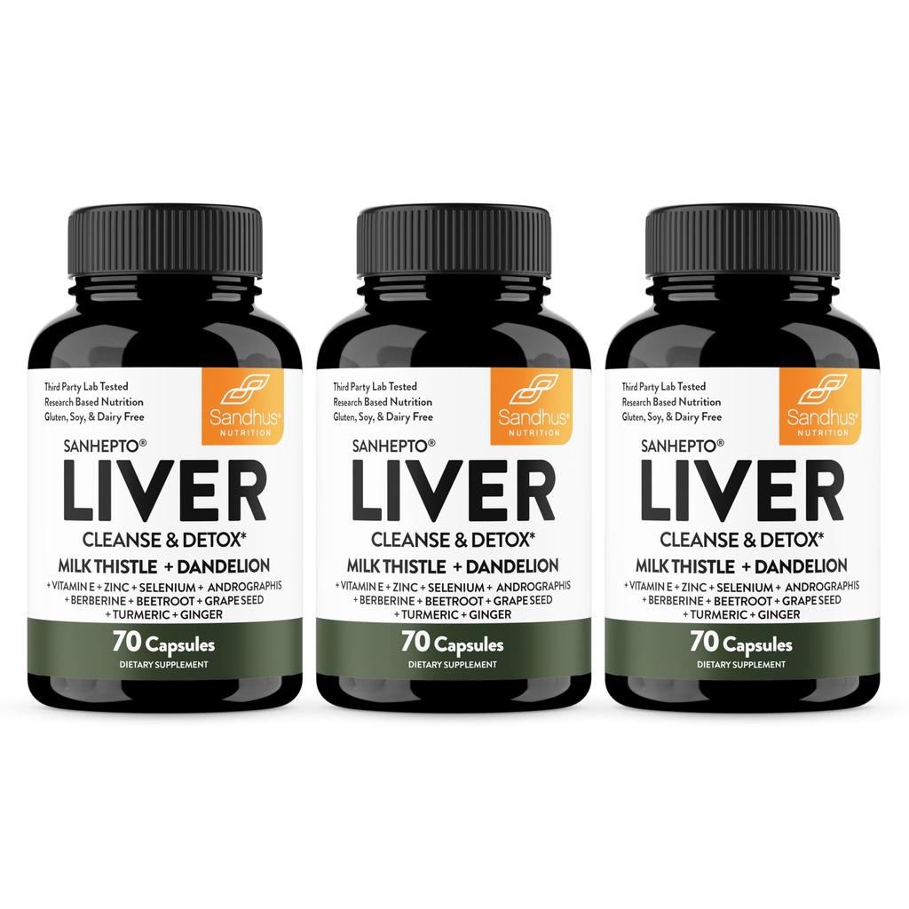 Sandhu's Liver Cleanse Detox & Repair Support (paquet de 3) , 70 Capsules (paquet de 3) , Supplément à base de plantes pour la santé du foie , Thistle de lait Dandelion racine Andrographe avec 8 minéraux
