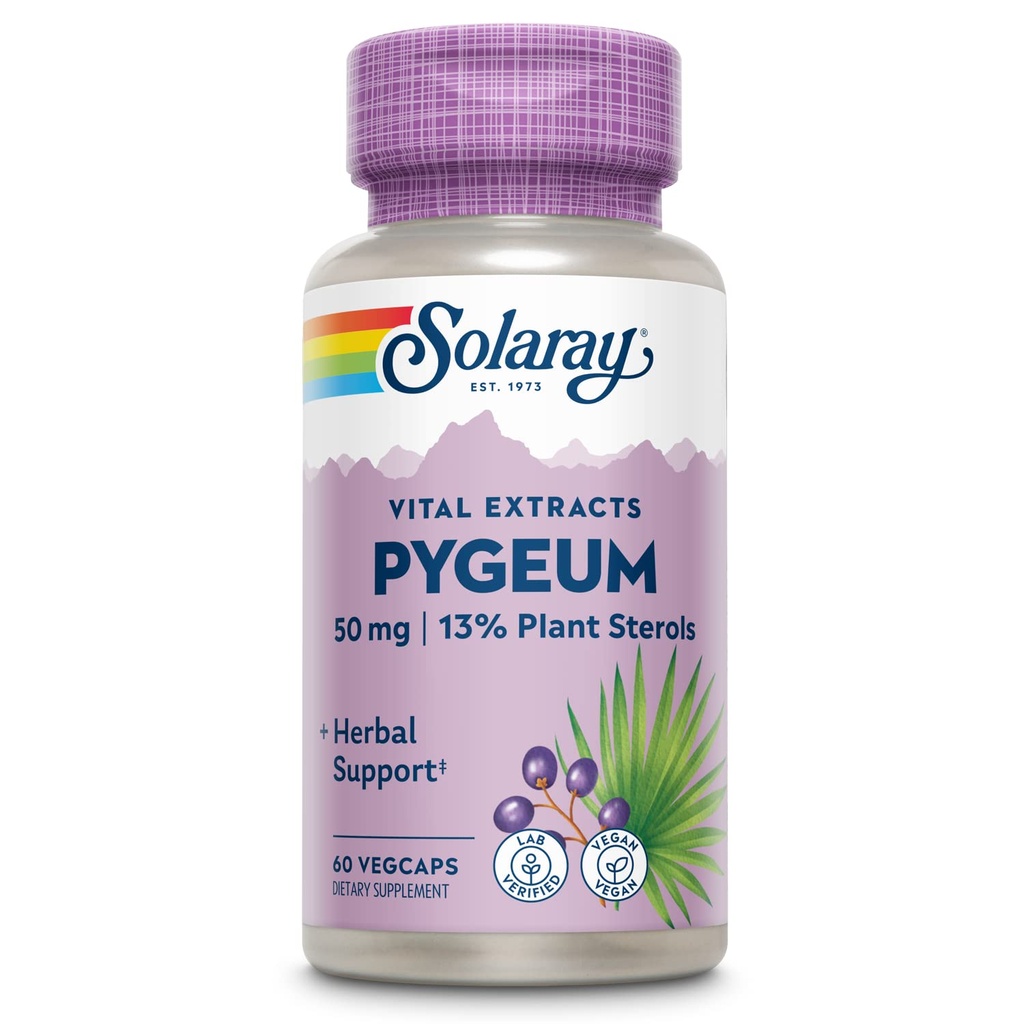 SOLARAY Pygeum Bark Extract 50mg - Pygeum-Ergänzung für Prostata-Gesundheitsunterstützung - Garantiert, um 6.5mg Pflanzen-Sterole wie Beta Sitosterol, Non-GMO, Vegan, 60-Tage-Garantie, 60 Serv, 60 VegCaps