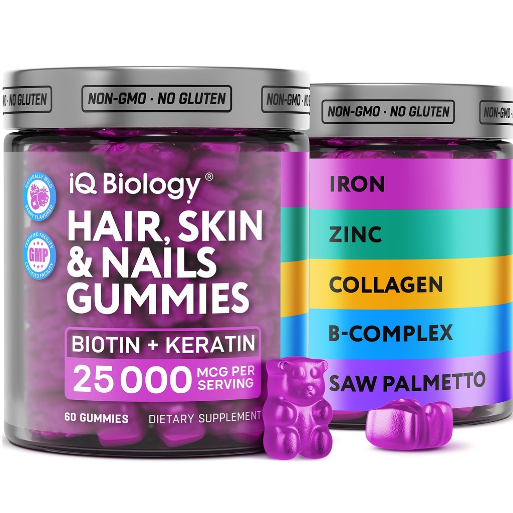Biotin Gummis für Haar, Haut und Nägel - Haarwachstum Vitamine für Frauen & Männer - Haarausfall Ergänzung mit extra Stärke Biotin (Vitamin B7), Kollagen, Keratin & DHT Blocker, 60 kämpfbare Bären