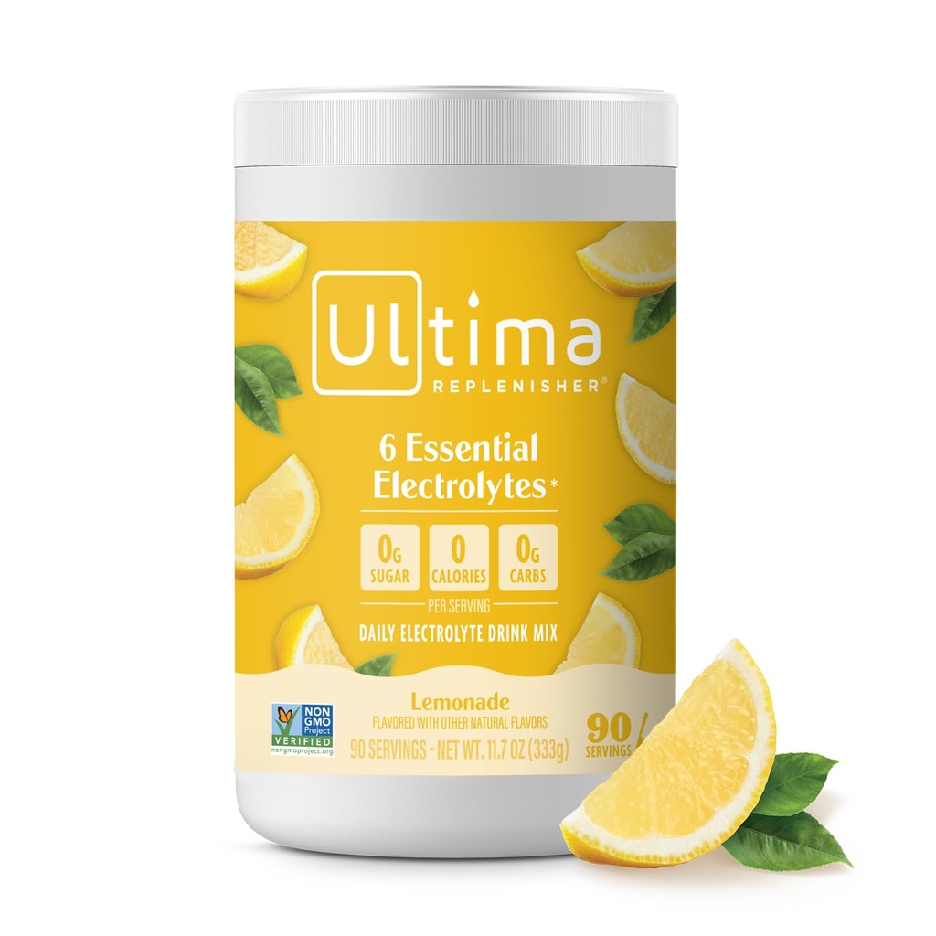 Ultima Replenisher Mélange quotidien de poudre d'électrolyte – Sans sucre – Cimonade, 90 portions – Poudre d'hydratation avec 6 électrolytes clés et minéraux traces – Keto Friendly, Vegan, Non-OGM