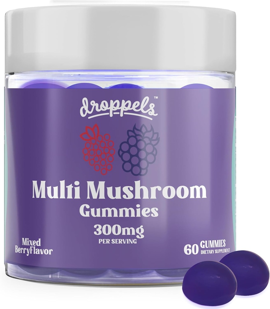 Droppels Multi-Mushroom Gummies | Vegan, Pectin-Based & Non-GMO | Maitake, Shiitake, Türkei Tail, Chaga, Reishi & Lion's Mane Supplement | Gemischte Beeren Geschmack, 60 Graf