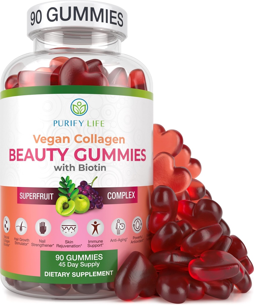 Purify Life Vegan Collagen Gummis mit Biotin Vitaminen für Haar Haut und Nägel Gesundheit, (90 Chews) Collagen Support Superfruit Complex mit Resveratrol, Vitamin A, E, C - Ersetzen Kapseln, Pillen
