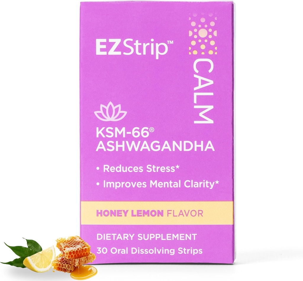 Calm Supplement - Honey Lemon Flavor, 30 Count - Auflösende Kalkstreifen mit Ashwagandha KSM 66 Hilfe Unterstützung Stress Relief - Made in USA, Sugar und Gluten-Free