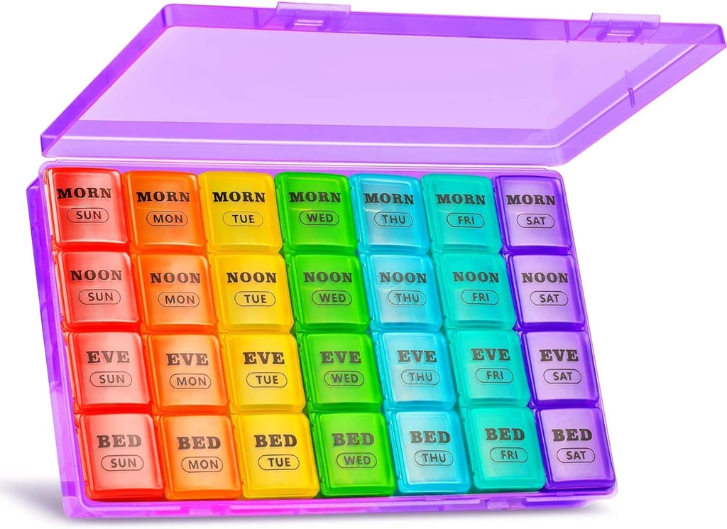 XL Large Weekly Pill Organizer 4 fois par jour, 7 jours Pill Boxes and Organizer AM PM, Gros Compartiments Pill Case, Mensuel Medicating Organizer 28 jours Distributeur d'huiles de poisson