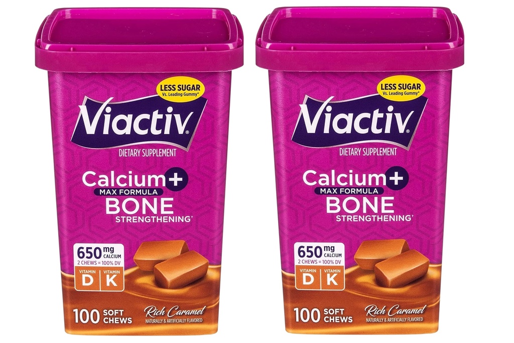 Viactiv Max Formule Calcium + Vitamine D3 Supplément pour la santé des os, Caramel Rich, 100 Chews Soft - 2 Pack